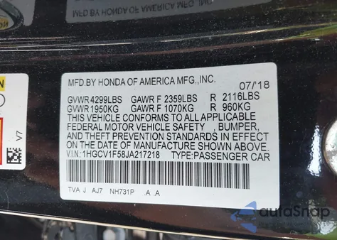 2018 Honda Accord Ex-L из США, поврежденный, VIN 1HGCV1F58JA217218